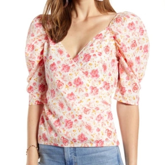 Something Navy Fitted Floral Surplice Top Small - Picture 2 of 14